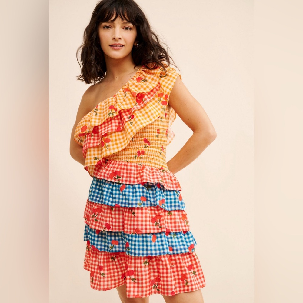 FARM Rio One-Shoulder Gingham Ruffle Dress in Yellow, Red & Blue